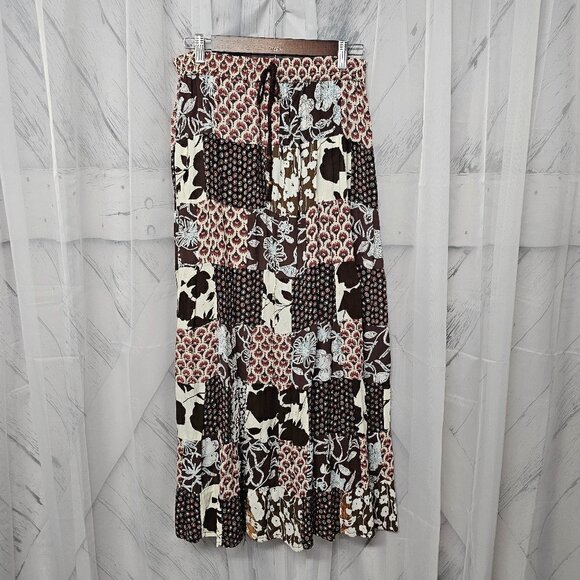 VTG Just Cruisin Brown Pink Patchwork Boho Peasant Silk Maxi Skirt One Size Flaw - Picture 12 of 13